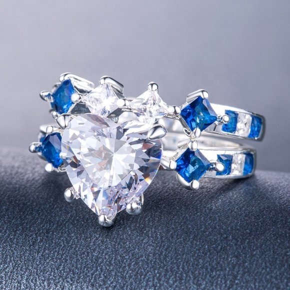 🔥925 Silver Plated Blue 2 PCs Heart CZ Couple Ring, MLNN1011 - Picture 2 of 3